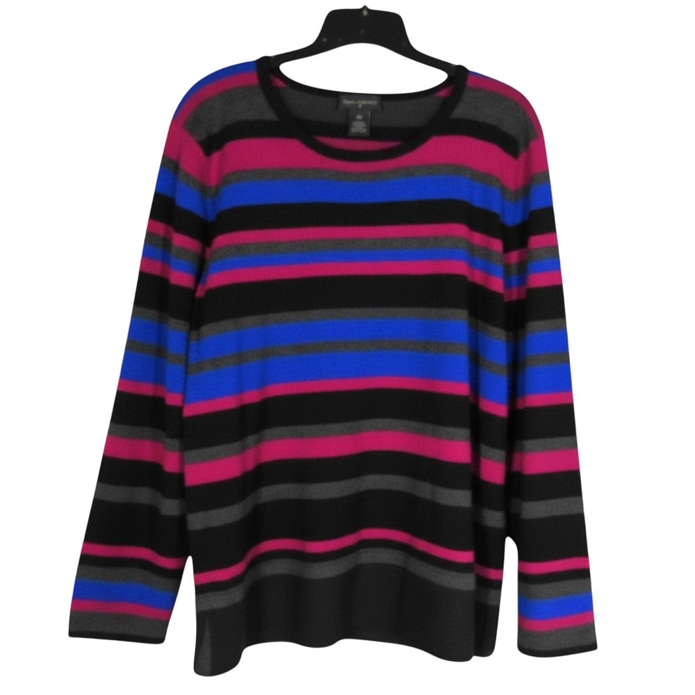 INVESTMENTS II Black/Multi STRIPE PRINT Chiffon Wide Hem KNIT SWEATER Sz 2X
